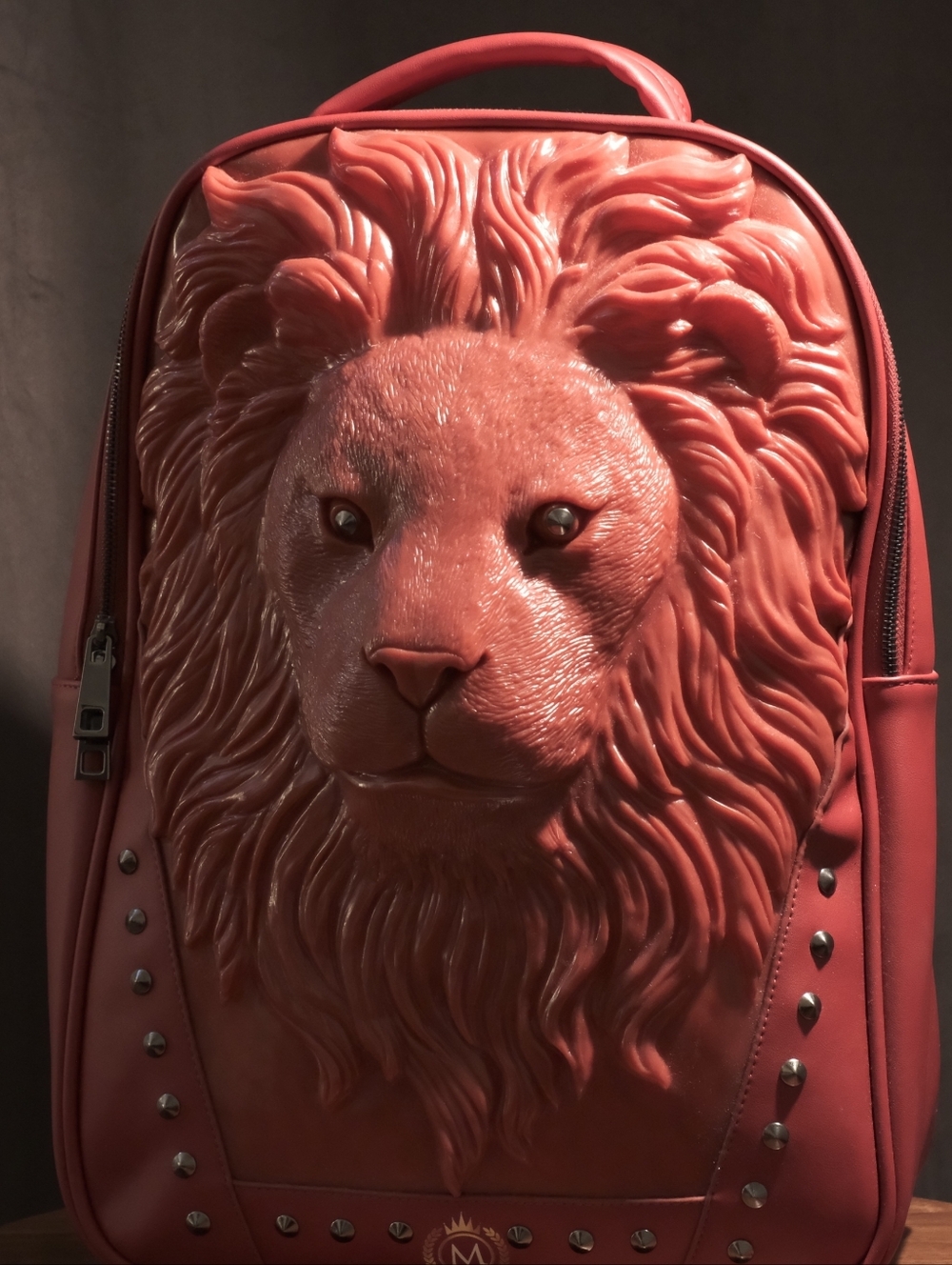 Opulent Men’s Club Red Lion Head 3D Backpack- Studded Faux Leather Statement Bag